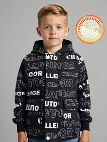 SHEIN Boys' Black Minimalist Letter Print Thermal Lined Zip-Up Hooded Jacket, Suitable For Winter Fall - Black - View 1