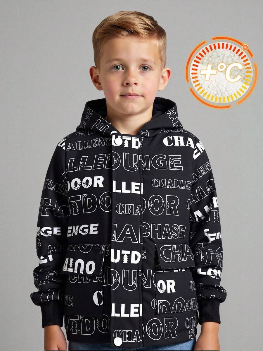 SHEIN Boys' Black Minimalist Letter Print Thermal Lined Zip-Up Hooded Jacket, Suitable For Winter Fall - Black - View 1