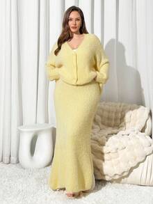 Auralis Plus Size Women Solid Color Long Sleeve Single-Breasted Knitted Cardigan And Knitted A-Line Skirt Casual Suit, Yellow Plus Size Spring - Yellow - View 7