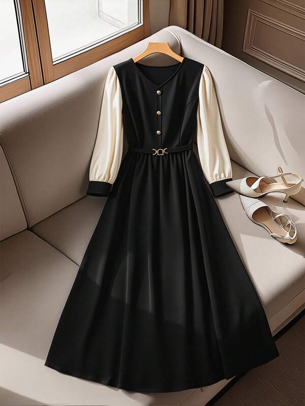 Regalyn Plus Size Women V-Neck Black Solid Color Metal Button Splice Apricot Long Sleeve Metal Buckle Belt Commuting Casual Elegant A-Line Dress, Autumn/Winter