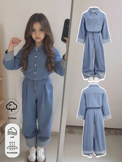 SHEIN 少女时尚休闲 Y2K 复古酷炫街头返校学院风浅蓝色牛仔翻领衬衫式连体裤，适合少女日常穿着，以及少女秋冬季派对、节日和居家穿着的柔软舒适服饰，兼具街头风和校园风。