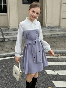 Tween Girl White Collared Button-Down Belted Dress Fall Winter - White - View 5
