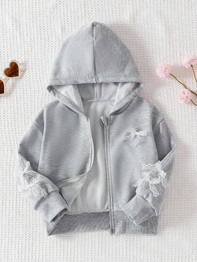 Genkimix Kids Toddler Girls Light Grey Casual Zip Up Hoodie, Jacket With Zipper And Lace Bow Details Drop Shoulder Regular Length Every Day Wear Fall Winter
