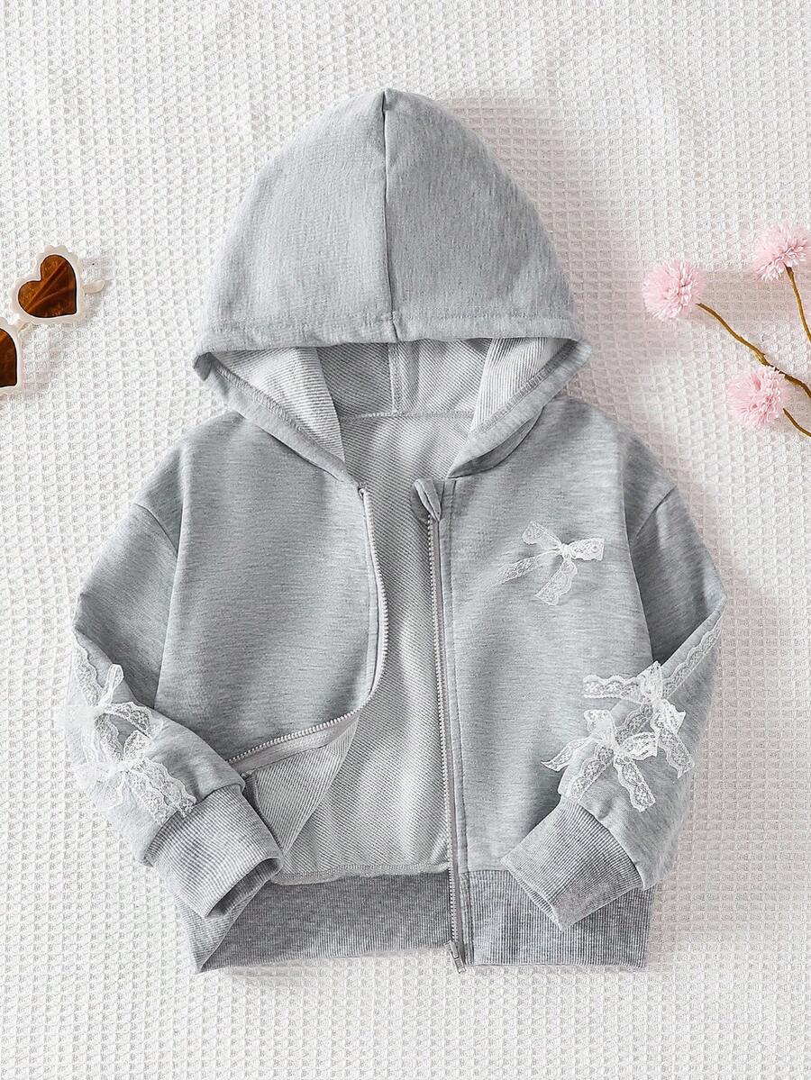 Genkimix Kids Toddler Girls Light Grey Casual Zip Up Hoodie, Jacket With Zipper And Lace Bow Details Drop Shoulder Regular Length Every Day Wear Fall Winter - Light Grey - View 1