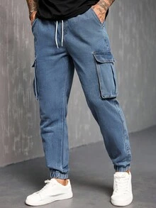 Manfinity Homme Avant-Garde Street Casual Men's Cropped Tapered Blue Denim Jeans With Cargo Pockets Men Navy Blue Denim - Blue - View 6