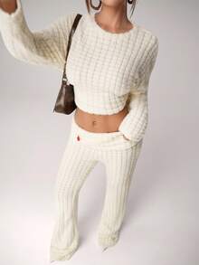 SHEIN ICON Bộ 2 áo thun vải thô họa tiết và quần ống loe cho nữ - trắng - Xem 4