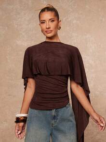 Lumalex Fall Winter Gathering Party Banquet Modest Old Money Coquette Glitter Holiday Party Rave Festival Outing Vacation Hot Outdoor Richly Layered Wedding Season Banquet Coming Of Age Ceremony Asymmetric Neck Ruched Fitted Women Blouse,Brown Top ID Al-Adha Al-Adha Party - Coffee Brown - View 4