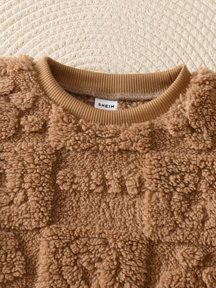 SHEIN 2pcs Toddler Boys' Knit Fluffy Cozy Pullover Sweatshirt And Versatile Pants Set, Suitable For Home And Outings In Autumn/Winter Fall - Coffee Brown - View 7