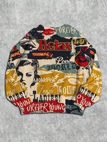 Slaydiva 新款休闲圆领宽松女式运动衫/女式秋装/女式冬装/街头服饰/Y2K 服装/外出装/返校装/复古肖像海报马赛克图案 - 彩色 - 查看 2