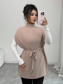 Rafferiza Autumn/Winter New High Collar Mid-Length Tie-Up Elegant Casual Knitted Sweater Dress For Women - Camel - View 4