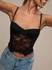 SHEIN BAE Women's Fashion Sexy Lace Frill Trim Camisole Top - Black - View 3