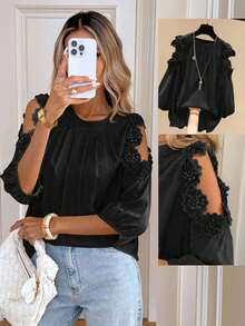 SHEIN LUNE Chemise décontractée ample à col rond et épaules dénudées plissée de couleur unie pour femmes - Noir - Voir 4