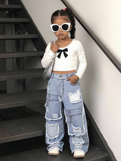 Young Girl Casual Fashion Comfortable Collegiate Style Elastic Waist Embroidered Distressed Wide Leg Jeans Fall Winter