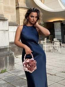 Jeta Ari 简约优雅斜裁双面缎纹醋酸纤维面料 A 字型无袖连衣裙，凸显女性魅力 - 藏蓝色 - 查看 5