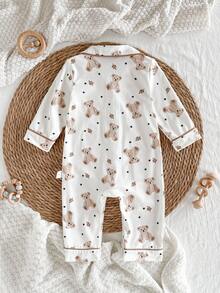 SHEIN Baby Girls/Boys Soft & Comfortable Milk Silk Fabric Romper, Cute Cartoon Bear, Leaf, Star Print, Brown Contrast Trim, Classic Lapel Collar Long Sleeve Jumpsuit, Casual Loungewear Baby Clothes Baby Pajamas Newborn Clothes Cotton Newborn Pajamas Baby Pj Set Fall Winter - Apricot - View 2