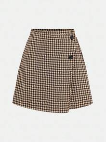 SHEIN Girlism 少女秋季校园风校园装，黑色立领针织毛衣长袖 T 恤 + 卡其色格子百褶裙休闲两件套，适合秋冬季分层搭配，返校季，女童 T 恤套装 - 黑色 - 查看 8