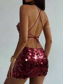 Aloruh 女式纯色亮片不对称下摆露背背心和迷你裙性感时尚两件套 - 酒紅色 - 查看 2