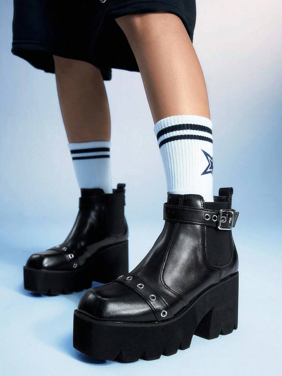 Sugerpunk Giày bốt cao gót đế vuông phong cách Gothic, khóa kim loại, đế PU màu đen, thích hợp cho tiệc tùng, mặc hàng ngày, mặc váy dạ hội, tăng chiều cao và kéo dài chân - màu đen - Xem 1