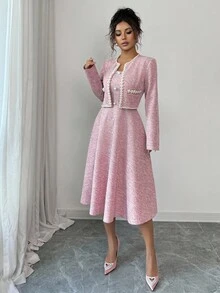 Elenzga 2 件套女士初秋约会装，适合返校，教师装，成熟优雅 OL 通勤商务休闲办公室风格，法式浪漫甜美韩版串珠收腰 A 字中长连衣裙和长袖短外套，粉色 - 粉色 - 查看 5