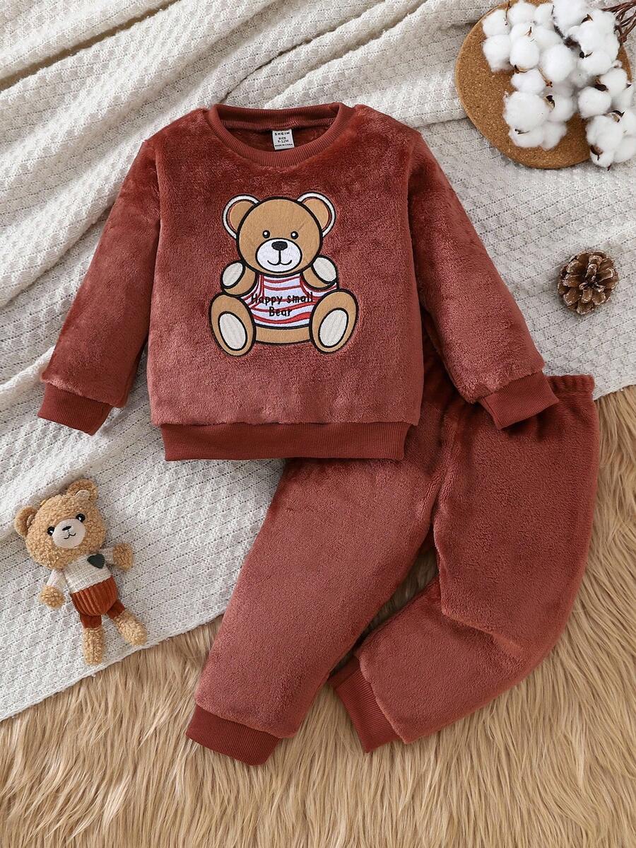 SHEIN Cute Round Neck Plush Baby Boy Outfit Fall Winter - Redwood - View 1