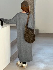 DAZY 少女纯色简约休闲圆领长袖连衣裙 - 灰色 - 查看 6