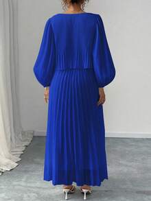 Elenzga 大码白色珍珠雪纺长袖连衣裙 - 寶藍色 - 查看 3