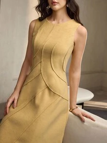 ZEYLAH Ärmellose Tweed-Maxikleid mit Rundhalsausschnitt für Damen - Gelb - Übersicht 2