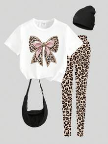 SHEIN 2pcs/Set Girls Casual Creative Diamond-Like Leopard Bow Decor School Pattern Print Short Sleeve T-Shirt & Leggings Outfit Set Girls Leopard Outfit Girls Cheetah Set Bow Outfit Girls Tween Leggings Set Tween Girl Bow Shirt - Multicolor - View 5