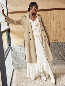 Maija 2025新款女士纯色插肩袖双排扣休闲保暖风衣，秋冬季，女士冬季外套，女士秋季保暖风衣，新年女士外套，感恩节女士外套，女士休闲外套 - 卡其色 - 查看 3