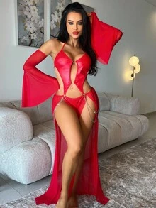 Fantasy Costume 3件套金属装饰链网布拼接PU性感内衣套装 - 紅色 - 查看 4