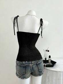 Elamini 春夏女士休闲格子系带腰带吊带背心 - 黑色 - 查看 2