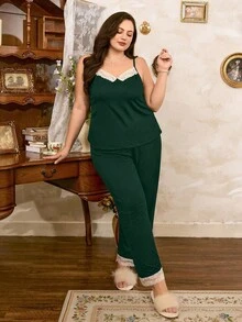 SHEIN Conjunto de ropa de dormir casual para mujer con camiseta sin espalda y ribete de encaje - Verde Oscuro - Ver 3