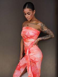 SAYEHFBABY Vestido Bustier com Bainha Franzida e Estampa Floral para Férias - Laranja - Visão 4