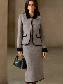 Aveloria Rosie 2件套粗花呢和天鹅绒拼布复古通勤中长裙套装 - 彩色 - 查看 1