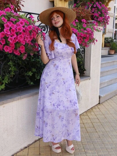 Gretanique Váy mini kiểu Pháp in hình bướm tay cánh dơi cho nữ, dây rút, mùa hè