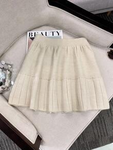 GlowEve 女士优雅俏皮可爱手工串珠设计宽松下摆松紧腰针织毛衣裙，适合约会和日常穿着，秋冬 - 杏色 - 查看 2