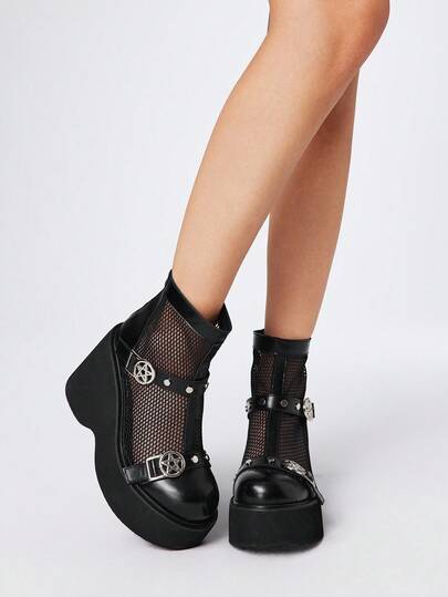 Grunge Punk Women's Casual Party Mesh Breathable Ankle Boots Gothic Metal Round Star Double Strap Buckle Back Zipper Boots Black Punk Style Thick Heel Short Boots, Halloween