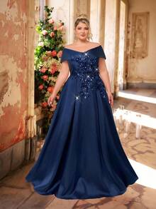 SHEIN Belle Váy maxi trễ vai thêu sequin satin màu sâm panh sang trọng lãng mạn cỡ lớn mùa hè, thích hợp cho tiệc tối, hẹn hò, vũ hội, tốt nghiệp, sự kiện đám cưới (trang trí đậm) - Màu xanh hải quân - Xem 3