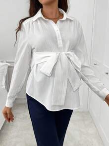 SHEIN 孕妇休闲纯色系腰衬衫 - 白色 - 查看 5