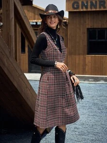 LanaWest Women's Casual Chic Tweed Woven Plaid Deep V-Neck Dress - Black - View 5