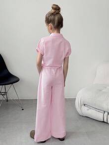 SHEIN 2 件套青少年女孩条纹棉质短袖衬衫搭配阔腿裤套装，春夏度假休闲、度假、夏季、旅行