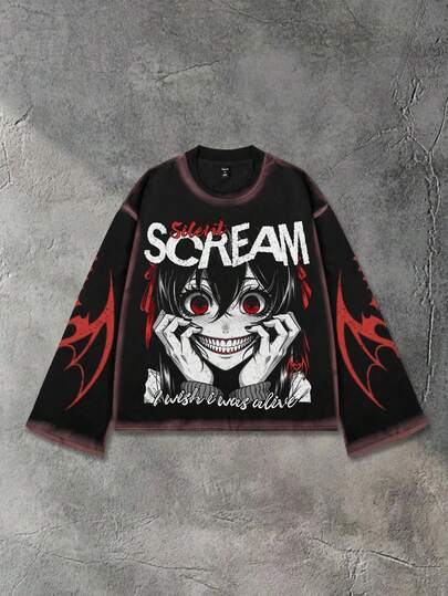 Street Life Maglietta a maniche lunghe con stampa grafica anime, vestibilità ampia, autunnale, da uomo