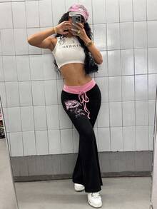 SHEIN PETITE 女式朋克风格撞色腰带印花喇叭裤 - 黑色 - 查看 7