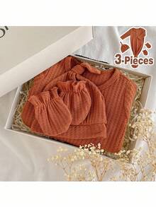 Loomiva Newborn Solid Color Long Sleeve Romper, Hat And Socks Gift Set Fall Winter - Khaki - View 1