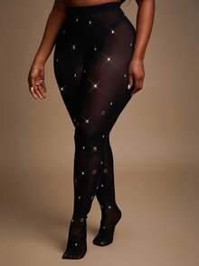 Radiana Plus Size Women's Fall & Winter, Spring & Summer Elegant Gorgeous Glamorous Sexy Basic Handmade Rhinestone Decoration Mesh Fabric See-Through Tights Leggings Vegas Night Curve , New Years Eve Christmas - Black - View 4