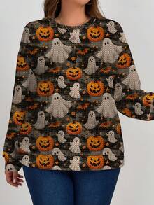 EMERY ROSE Áo nỉ chui đầu cổ tròn tay dài dáng rộng in hình ma, dơi, bí ngô giả Halloween cỡ lớn dành cho nữ, mùa thu/đông - Nhiều màu - Xem 3