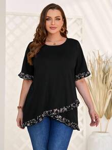 EMERY ROSE 大尺碼女士花卉印花拼接t恤 - 黑色 - 查看 2