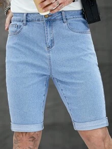 Manfinity Homme Men's Solid Color Pocket Casual Denim Shorts, Summer - Blue - View 1