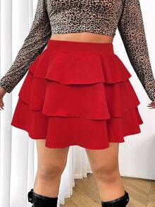 SHEIN PETITE CURVE 大码女式纯色百褶裙，休闲日常穿着 - 紅色 - 查看 2