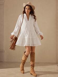 Wildy Vestido corto casual de mujer con mangas farol, cuello en V, dobladillo con volantes, bordado y estampado tie-dye, estilo vacacional